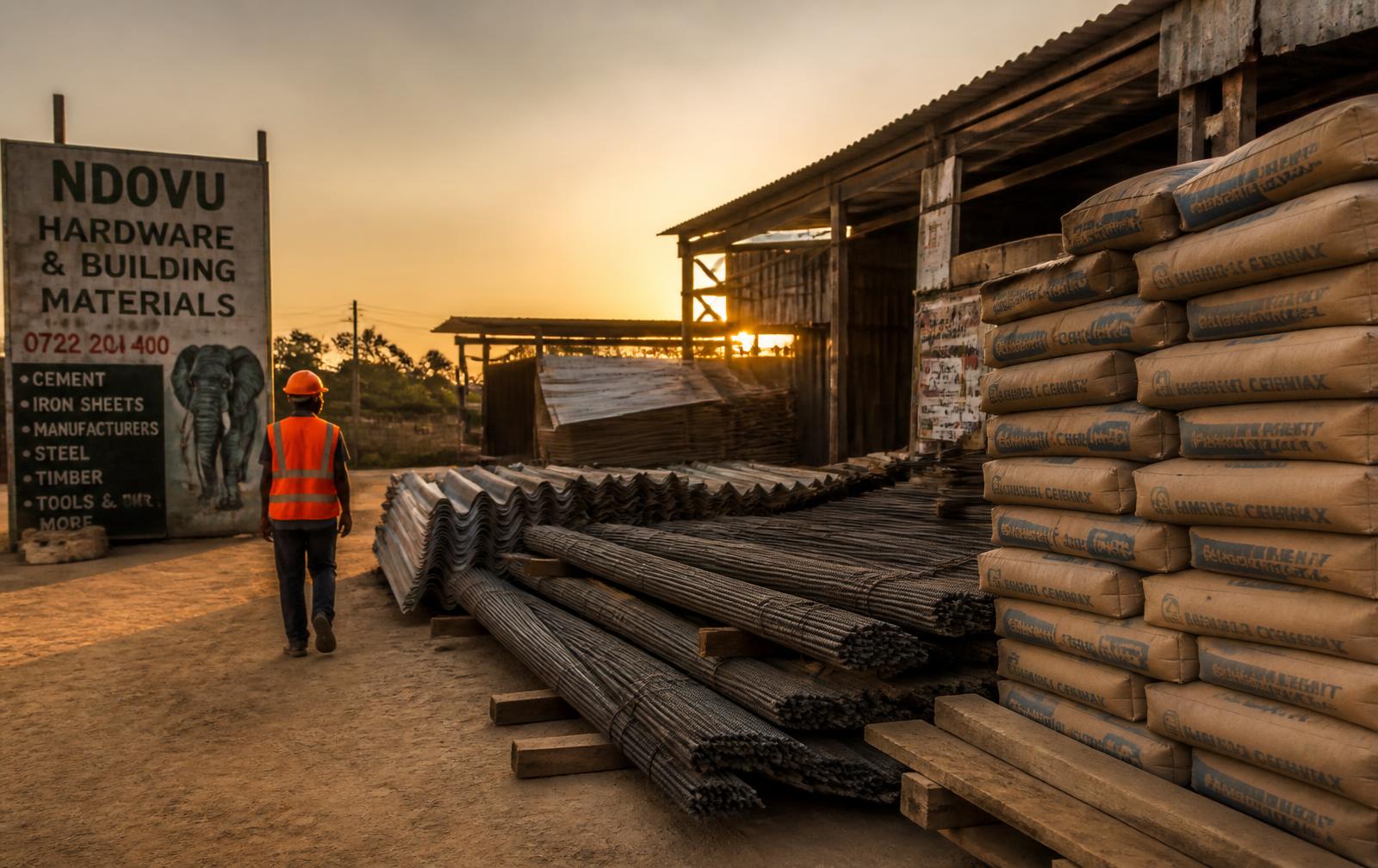 Chepkoin building materials yard at sunset with cement bags, steel bars and roofing sheets