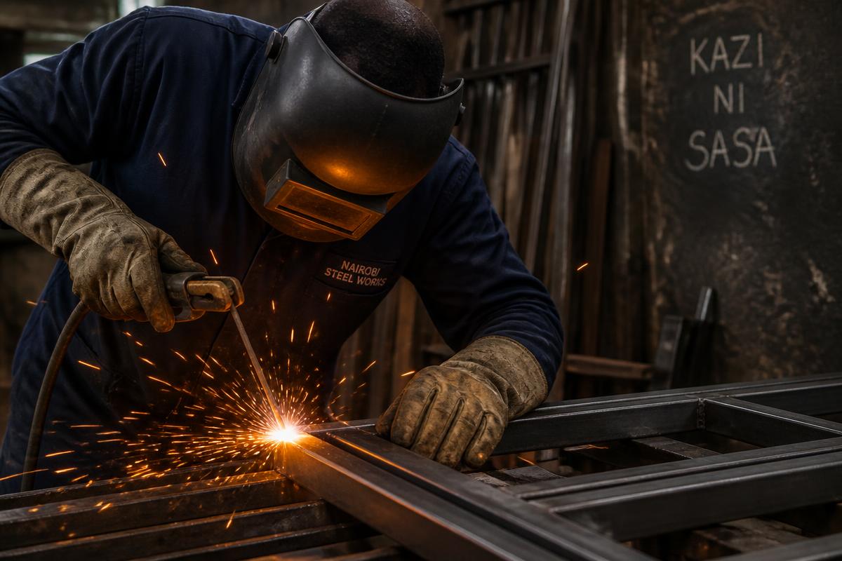 Welder fabricating a steel door frame in the Chepkoin workshop